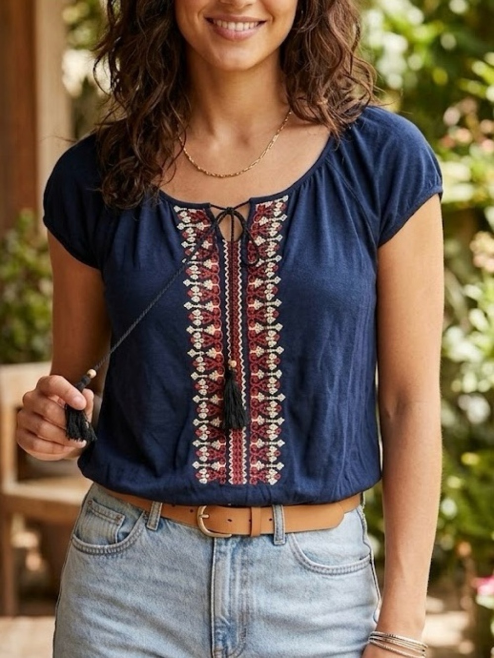 Bluecrush Y2K Navy Blue Embroidered Boho Peasant Top with Tassels Hippie Indie